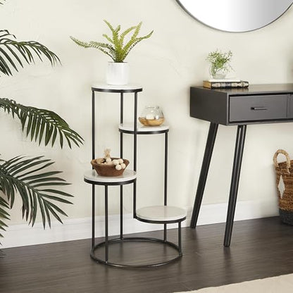 Deco 79 Marble Indoor Plantstand 4 Tier Plant Shelf with Black Base, Plant Stand 17" x 17" x 31", White - color: White, size: Plant Stand 17" x 17" x 31"