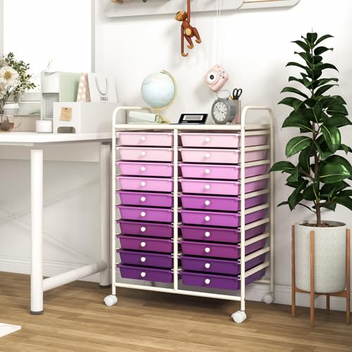 DREAMADE Rolling Cart with Storage Drawers, Utility Cart w/Removable Plastic Drawers, Lockable Wheels, Art Cart for Classroom Organization Art Supplies Office Scrapbook (20 Drawers, Purple Gradient) - color: Gradient Purple, style: 20 Drawers