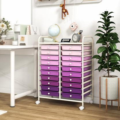 DREAMADE Rolling Cart with Storage Drawers, Utility Cart w/Removable Plastic Drawers, Lockable Wheels, Art Cart for Classroom Organization Art Supplies Office Scrapbook (20 Drawers, Purple Gradient) - color: Gradient Purple, style: 20 Drawers