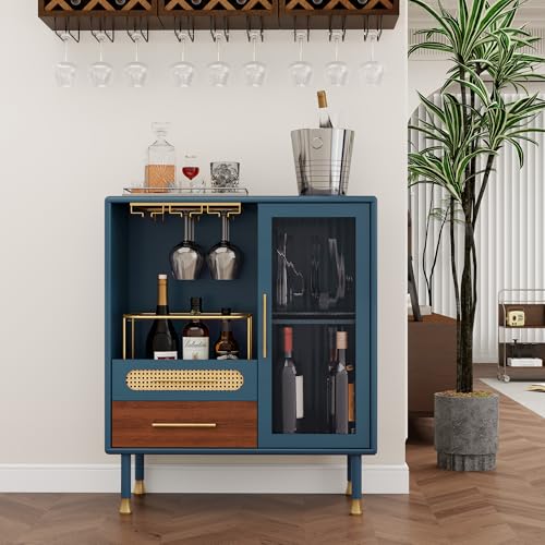 ARTPOWER Modern Coffee Bar Cabinet with Pull-Out Wine Storage, Blue | Bar Cart with Wine Glass Rack and Drawers, Liquor Cabinet for Kitchen, Dining Room, Living Room - color: Blue
