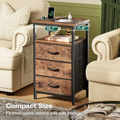 Huuger Night Stand with Charger Station and LED Lights, 3 Drawer Nightstand, Bed Side Table with Open Shelf, End Table, Tall Fabric Dresser for Bedroom, Rustic Brown - color: Rustic Brown, size: 11.8"D x 15.7"W x 27.6"H（3 Drawers）