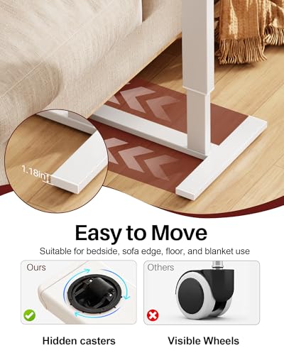 Foldable Overbed Table with Wheels, Pneumatic Adjustable Desk | 31.5 X 17.7 In Desktop with Cup Holders and Tablet Slot, Hidden Casters, 88 Lbs Capacity, Installs on Either Side of Bed - color: White