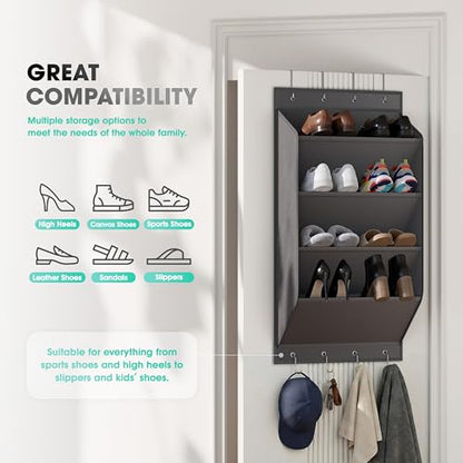 WVM Over The Door Shoe Organizer with Large Deep Pockets, Hanging Closet Shoe Rack for Large Shoes, Boots, Multifunctional Entryway Door Hanger with Hooks - style: New Grey