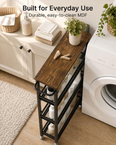 Pipishell Slim Storage Cart with Wheels - 4 Tier Rolling Kitchen Storage Cart with Handle and Wood Top, Metal Slim Bathroom Cart for Laundry Room, Bathroom, Kitchen, Narrow Space, Black & Rustic Brown - size: 5.3 in