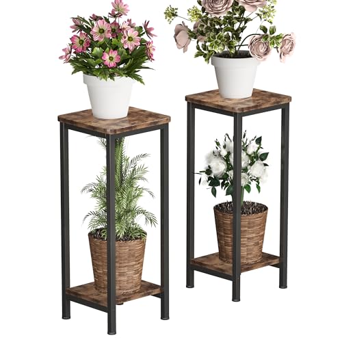 Homeiju Plant Stand Indoor, 2 Tier Wood Corner Plant Stand, Modern Square Plant Shelf Flower Stand for Living Room Patio Balcony Garden, Rustic Brown