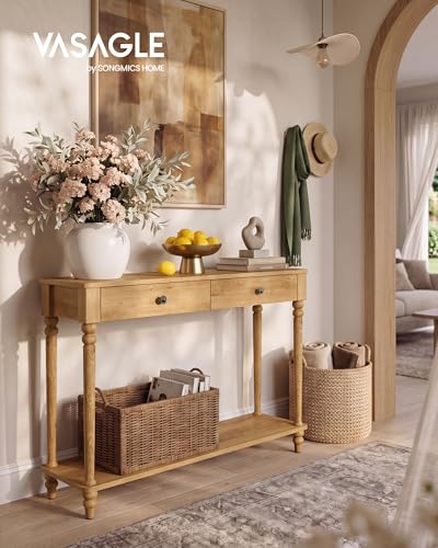 VASAGLE Mariel Collection - Console Table, Narrow Entryway Sofa Table with Drawers and Shelf, Solid Wood Legs, Mid-Century Modern, for Hallway Doorway Living Room, Natural Brown ULNT139K301S - color: Natural Brown