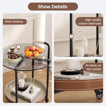 Guyii 2-Tier Sofa End Table with Storage Modern Sofa Side Table with Wheels Round Temper Glassed Coffee Table 360 Rotation Rolling Cart for Living Room Bedroom Office - color: Black