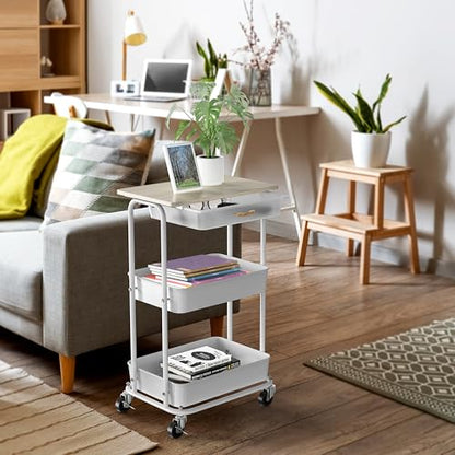 Simple Houseware 3-Tier Rolling Utility Cart with Drawer & Wood Tabletop - Mobile Sofa Side Table, Nightstand, Slim Storage Organizer Trolley for Bedroom, Bathroom, Office & Art Supplies, Maple - color: Maple
