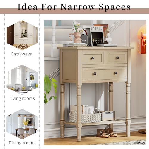 LUMISOL Small Entryway Console Table with 3 Storage Drawers, Narrow Side Table with Bottom Shelf for Entryway Foyer, Beige - color: Beige