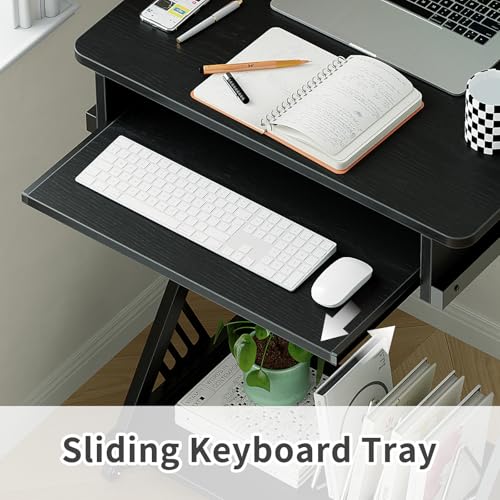 ALISENED Computer Desk for Small Spaces,23.6" Z-Shaped Compact Study Table with Smooth Keyboard Tray,with Wheels and Bottom Shelves for Home Office，Computer Cart Mobile Laptop Cart - color: Black