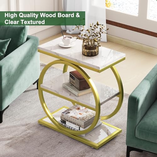 IBUYKE Narrow End Table with 3 Storage Shelves, Industrial Sofa Side Table, Double Round Metal Frames, Slim Nightstand and Bedside Table for Bedroom, Living Room, White with Gold UTMJ418G - color: White With Gold