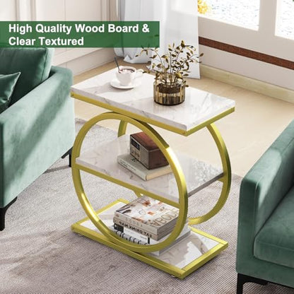 IBUYKE Narrow End Table with 3 Storage Shelves, Industrial Sofa Side Table, Double Round Metal Frames, Slim Nightstand and Bedside Table for Bedroom, Living Room, White with Gold UTMJ418G - color: White With Gold