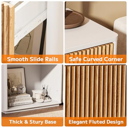 Modern Fluted Nightstand Set of 2 for Bedroom, Mid Century Bedside Table with Drawer & Open Shelf, Wood End Table, Farmhouse Night Stand for Home, Hallway, Office, White - color: White