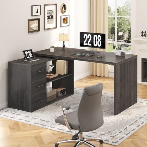 HSH 55-76 Inch Dark Grey Farmhouse L Shaped Desk with Drawers 360 Rotating | Corner Computer Desk with Storage with Drawers Long for Work, Executive, Study, Writing, Teacher, Bedroom Modern Gaming Table - color: Dark Gray