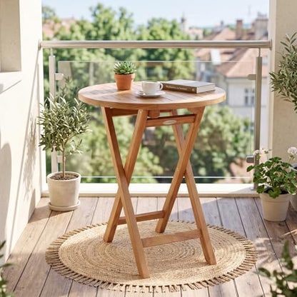 Tangkula 24-Inch Teak Wood Folding Outdoor Table, Round Patio Table with Sturdy X-Frame, Space Saving Outside Bistro Table for Deck, Porch, Poolside, Balcony & Garden - size: 24"