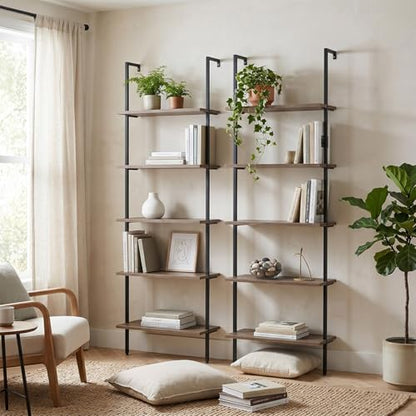 aboxoo Ladder Shelf 2PCS Open Bookshelf 5-Tier Wall-Mounted Wood Bookcase Rack Open Back Industrial Modern Plant Flower Stand Utility OrganizerMetal Frame Furniture Office Kitchen Bedroom (Brown) - color: Rustic Brown 5-tier, size: 2PCS