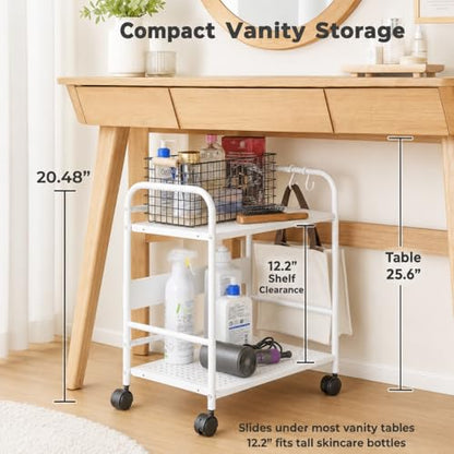 2-Tier Metal Rolling Cart, Compact Under Desk Storage Organizer | 12.2" clearance fits binders & tall bottles; anti-drop safety guard; small space mobile shelf for home, bedroom & office. - color: White