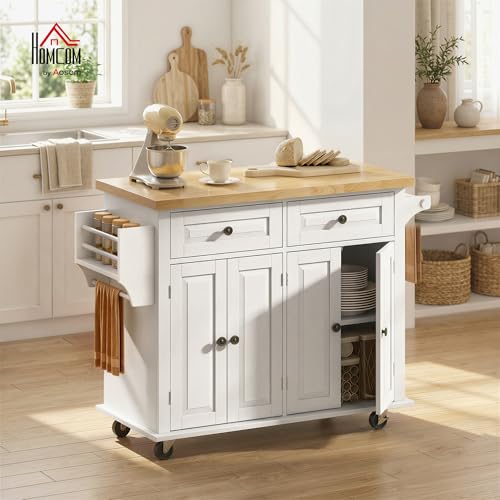 HOMCOM Kitchen Island Cart with Solid Wood Top, 44" Mobile on Wheels White | Kitchen Island Table, Storage Cabinets, 2 Drawers, Adjustable Shelves, Spice Rack, Towel Bar, Dining Room - color: White