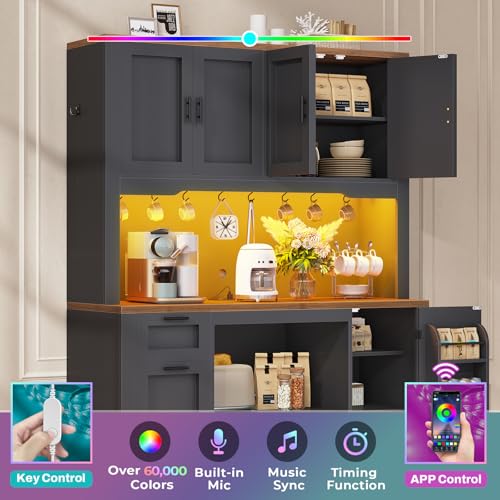 Itaar 71" Pantry Cabinet with Charging Station and LED Light, Kitchen Pantry Cabinet with Microwave Stand, 47.2" Wide Kitchen Storage Cabinets with Storage Cart 3 Tier for Dining Room, Black - color: Black