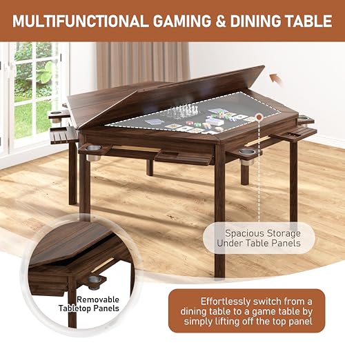 Yardenaler Board Game Table with Removable Table Top, Gaming & Dining Table for 4 to 6 Players,Includes Leatherette Play Mat, Detachable Sliding Cup Holders & Detachable Sliding Trays - size: 31.1” L x 31.1” W x 30.1” H