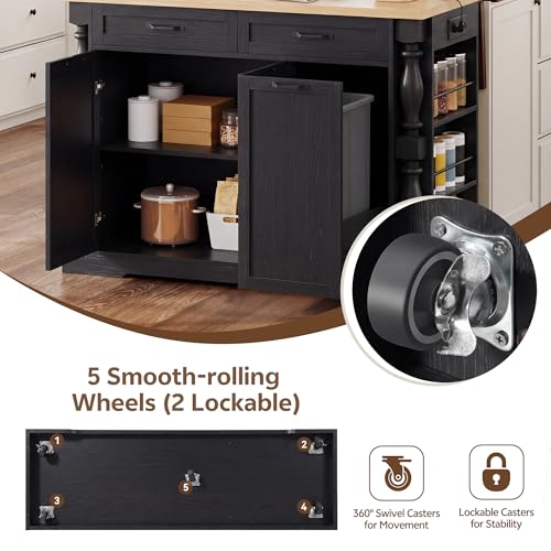 Island for Kitchen, 47.6"x20" Farmhouse Rolling Kitchen Island with Drop Leaf & Spice Rack, Coffee Cart Breakfast Bar Table Storage & Trash Bin Islands Table with Power Outlet for Dining Room - color: Black