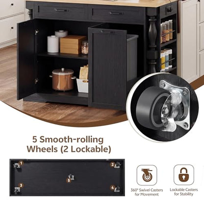 Island for Kitchen, 47.6"x20" Farmhouse Rolling Kitchen Island with Drop Leaf & Spice Rack, Coffee Cart Breakfast Bar Table Storage & Trash Bin Islands Table with Power Outlet for Dining Room - color: Black
