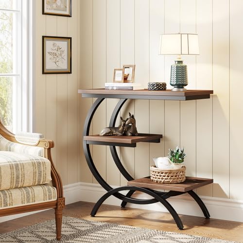 Tribesigns C-Shaped End Table Set of 2, Industrial 3-Tier Small Side Table for Couch, Wood Bedside Table Snack Side Table with Storage Shelves for Living Room Small Space, Rustic Brown - color: Rustic Brown