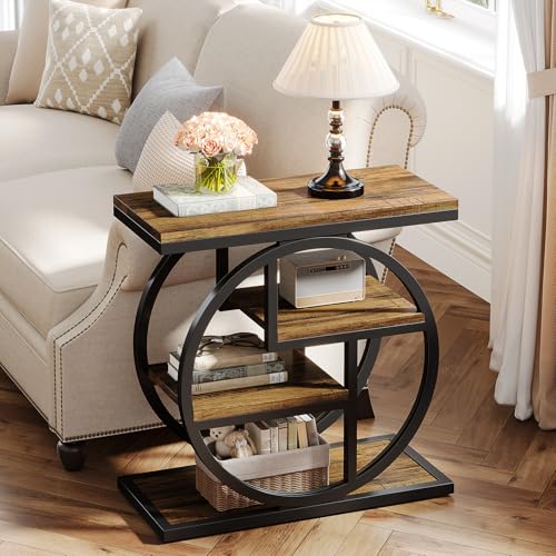 Tribesigns End Table for Living Room, 4-Tier Narrow Side Table with Storage Shelves, Industrial Bedside Table for Bedroom, Wood Small Sofa Side Table with Geometric Metal Frame (1 PC, Rustic Brown) - color: Rustic Brown