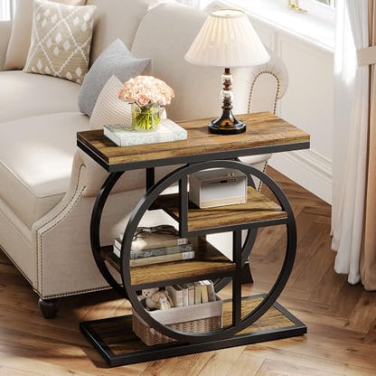 Tribesigns End Table for Living Room, 4-Tier Narrow Side Table with Storage Shelves, Industrial Bedside Table for Bedroom, Wood Small Sofa Side Table with Geometric Metal Frame (1 PC, Rustic Brown) - color: Rustic Brown