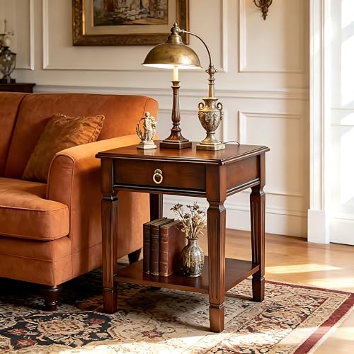 Set of 2 Small End Table with Drawer and Storage Shelf, Traditional Square Sofa Side Table with Straight Carved Legs, 2-Tier Bedside Tables Nightstand in Dark Cherry, 17.7" Dx21.9 H - size: 2PCS