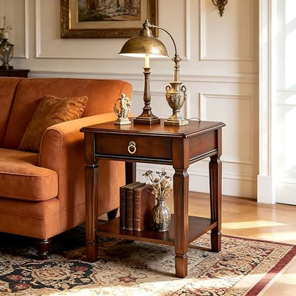 Set of 2 Small End Table with Drawer and Storage Shelf, Traditional Square Sofa Side Table with Straight Carved Legs, 2-Tier Bedside Tables Nightstand in Dark Cherry, 17.7" Dx21.9 H - size: 2PCS