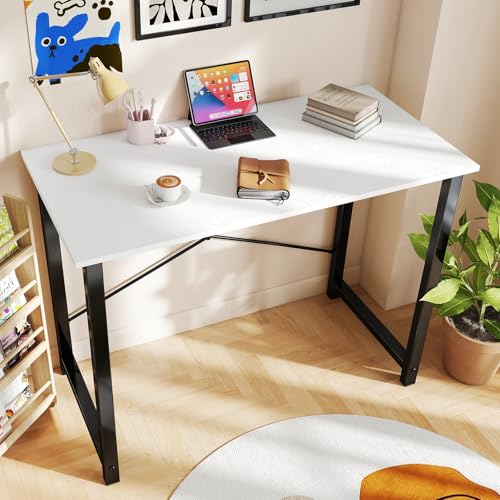 OLIXIS Home Office Computer Desk, Small Office 47-inch Writing and Study Desk, Bedroom Table with Metal Frame and Wooden Top, Compact Modern Study Table for Home Use, White - color: White, size: 47-In