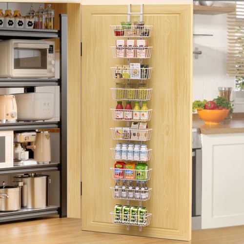 10 Tier Over the Door Pantry Organizer, Over the Door Spice Rack with Adjustable Baskets, Metal Hanging Door Pantry Organizers and Storage for Kitchen Bathroom Bedroom, White - color: White, size: 10-Tier