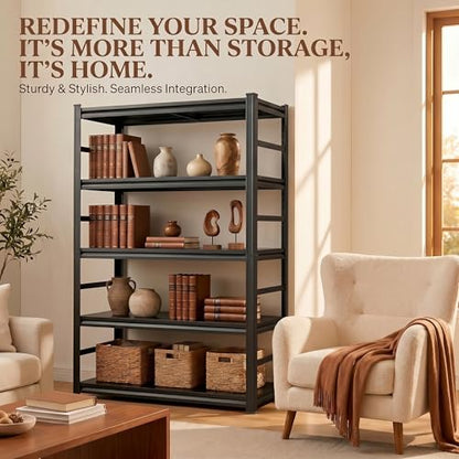 5 Tier Metal Bookshelf with Anti-Drop Fence, 72" H Adjustable Tall Bookcase, Heavy Duty 3000 LBS Modern Deep Book Shelf, Bolt-Free Storage Shelves for Living Room, Home Office, Garage - size: Upgraded-36"W x 16"D x 72"H