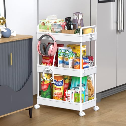 SOLEJAZZ 3 Tier Slim Rolling Storage Cart Organizer with Wheels, White | Utility cart for bathroom, laundry, bedside, dorm&narrow spaces. Fits craft, nail, makeup, snack, art, diaper&baby essentials - color: White, size: 3-Tier, 8.66"D