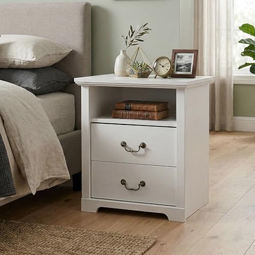 24/7 Shop at Home Elrik Modern 22-inch Wood Nightstand with Open Shelf, 2 Drawers and Ornate Handles, Wooden Night Stand for Bedroom, Apartment, Small Bedside Table, White - color: White