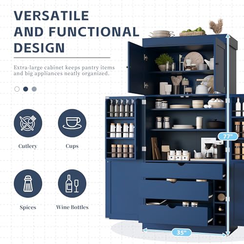 Polibi 77" Tall Freestanding Kitchen Pantry Cabinet, 35" L x 17.7" W Modern Shaker Style Storage Cupboard with Adjustable Shelves, Wine Racks, Drawers, Door Shelves, Blue - color: Blue