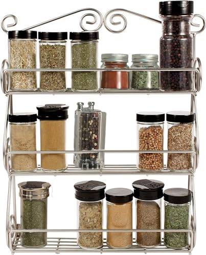 FitWell Scroll Wall Mount Spice Rack, 3-Tier, Traditional Spice Rack Cabinet & Kitchen, Beauty & Nail Polish Organizer for Bathroom, Scroll Wall-Mounted (Satin Nickel) - color: Satin Nickel