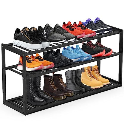 Jripae 3 Tier 32.5inch Long Bamboo Shoe Rack for Entryway Closet Garage | 3 Tier Stackable Shoe Shelf Holder for Men/Women Hallway/Berdroom, Bookshelf, Flower Rack, Home Space Saving - size: 3-tier-long/32.5*10.5*17in