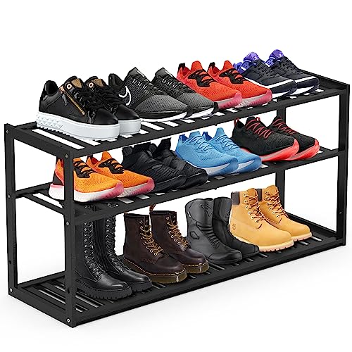 Jripae 3 Tier 32.5inch Long Bamboo Shoe Rack for Entryway Closet Garage | 3 Tier Stackable Shoe Shelf Holder for Men/Women Hallway/Berdroom, Bookshelf, Flower Rack, Home Space Saving - size: 3-tier-long/32.5*10.5*17in