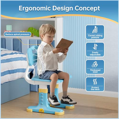 Kids Desk and Chair Set, Height Adjustable Child's School Study Writing Tables, Kids Desk with Bookstand and Storage Drawer, Widened Desktop with Desktop for Boys and Girls (Blue-F) - color: Blue-f