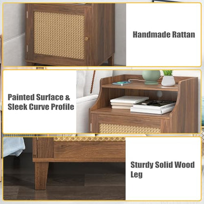 Night Stand Farmhouse Nightstand with Charging Station Bedside Table with Rattan Door&Adjustable Shelf, Wood Couch Side Table End Table for Bedroom, Walnut, 1 Pack - color: Walnut