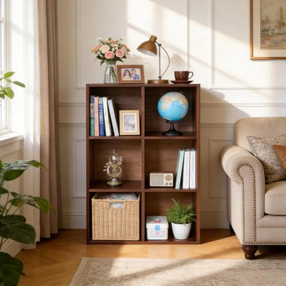 Solid Wood 6-Shelf Bookcase Walnut Bookshelf | Genuine Rubberwood 6-Shelf Bookcase, Walnut Finish, Stackable, 35.4"W x 23.6"H, for Living Room & Office