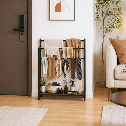 24.8" W Freestanding Towel Rack with Black Wood Shelf | 3 Tier Blanket Ladder Stand for Bathroom Living Room, Metal Frame - color: Black, size: 31.5" H x 24.8" W x7.9 D