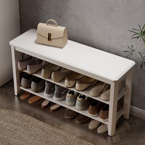 AQIMUELE Wood Shoe Rack Bench for Entryway, 2 Tier Shoe Rack for Front Door Entrance, Shoe Bench with Shoe Storage for Entryway, Bedroom, 39.4" - color: White-wood Seat, size: 39.4"W x 20.4"H x 11.8"D