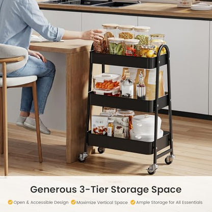 DUMOS 3 Tiers Metal Rolling Utility Cart with Lockable Wheels, Mobile Storage Organizer, Utility Shelving Unit for Kitchen, Office, Bathroom, Laundry, Narrow Places, Black - color: 3 Tiers Black