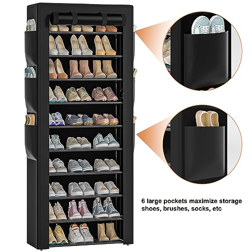 OYREL Large Shoe Rack, Black, 6 Side Pockets, 23.6" Wide x 11.4" Deep x 68.9" Tall, 36-41 Pairs of Shoes - color: Black, size: 10Tier 23.6"W