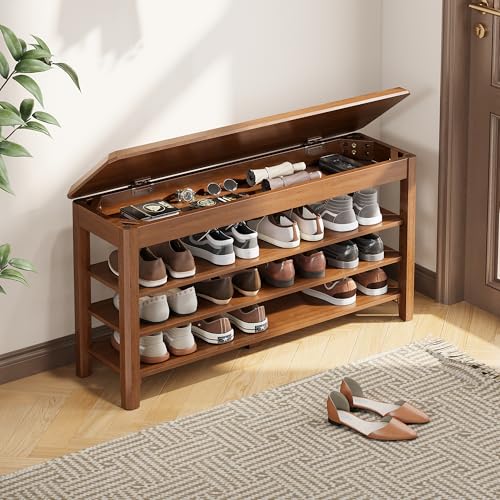 IUNVR Shoe Rack Bench Seat Rubberwood 3-Tier Wooden Storage Bench 550lbs Compact Mid-Century Modern Design for Entryway, Hallway, Closet, Front Door Entrance, Foyer - color: Walnut-3 Tier(wood), size: 39.4"W x 11.8"D x 20.5"H