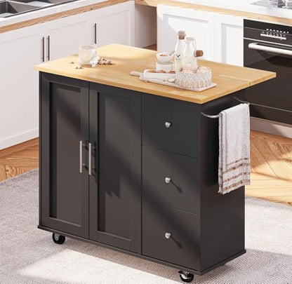 SUNLEI Kitchen Island on Wheels with Storage Cabinet & Foldable Drop Leaf, Rolling Kitchen Table, Cart Handle for Towel Rack, Drop Leaf, Portable Islands for Kitchen (Classic Black, 39.7-INCH)… - size: 39.7 INCH, style: Black