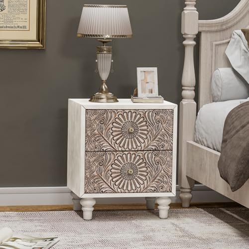 COSIEST Nightstand, 14" D x 18" W x 21.5" H MDF End Table with 2 Drawers, Vintage Style Wood Bedside Table, Bedroom Accessories for Home, Office, College Dorm - color: Wood Color-carved-2 Drawers